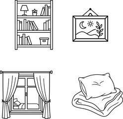 line drawing of a bookshelf a picture a window and a stack of blankets © Saidurra12