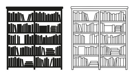 Bookshelf Outline With Books Black And White Vector Illustration © Design Bari