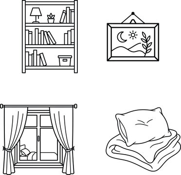 line drawing of a bookshelf a picture a window and a stack of blankets