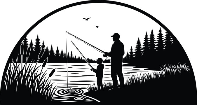 Silhouette of person fishing under full moon with cacti and birds