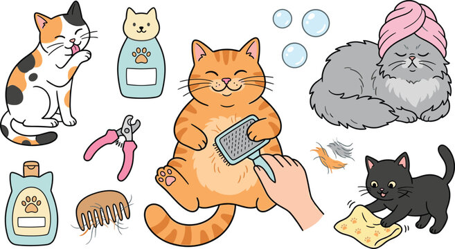 Cat grooming and fur care line vector set featuring hand brushing orange tabby calico licking paw shampoo bottles comb clippers and towel wrap