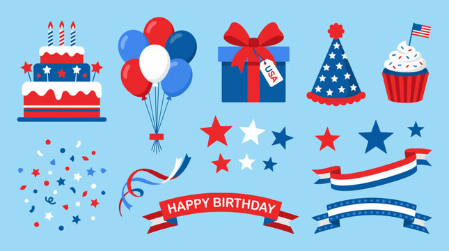 Festive patriotic birthday vector graphic set featuring a cake balloons ribbons gift box and stars in red white and blue