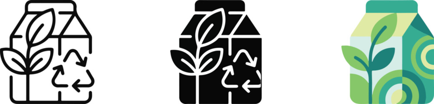 Recycling milk carton icons with plant and arrows