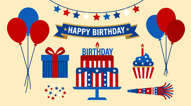 Patriotic birthday vector illustration set featuring red white and blue party decorations like cake balloons gift and festive bunting banners