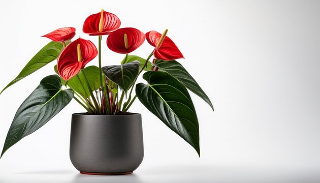 vibrant red anthurium plant with glossy green leaves in a modern gray pot isolated on white background