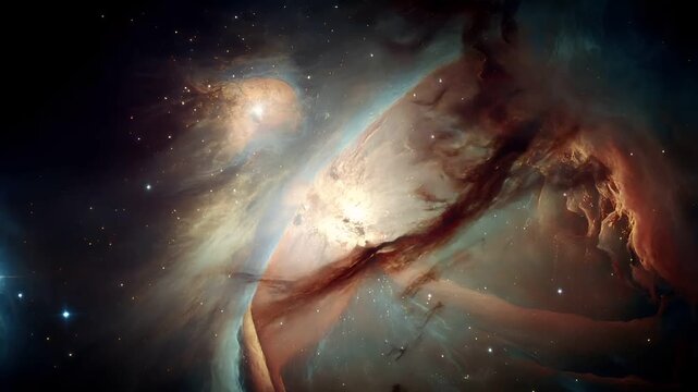 Space universe exploration, fantasy, mysterious. A vivid depiction of a nebula in deep space. The central subject is a swirling mass of gas and dust, with distinct colors of blue, orange, and white.
