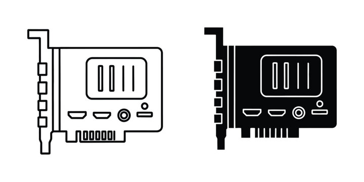 Computer graphics card outline and solid silhouette on white background for technology concept