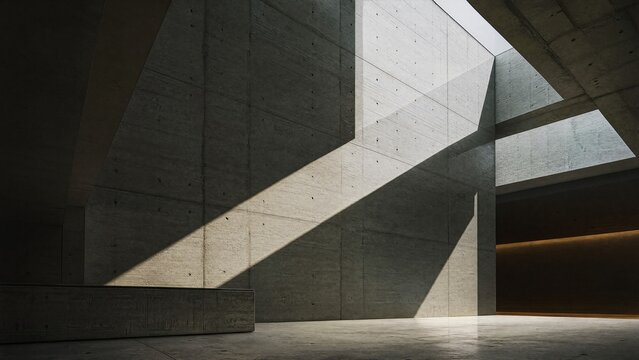 A monumental geometric concrete light well with sharp beams of sunlight.