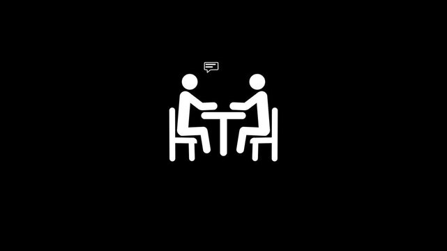 Business meeting icon sitting at the table. people working together, conversation people icon,on a black background. 4k motion video.