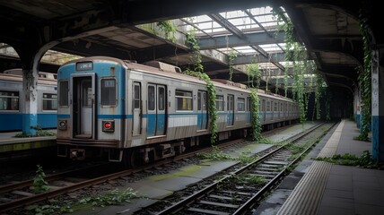 Naklejka premium Urban Train Station with Overgrown Tracks and Vegetation Hanging from Ceiling