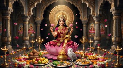 Fototapeta premium Goddess lakshmi sitting on lotus flower with golden coins and owl in ornate temple for diwali celebration traditional indian deity worship scene with oil lamps and festive offerings of fruits sweets