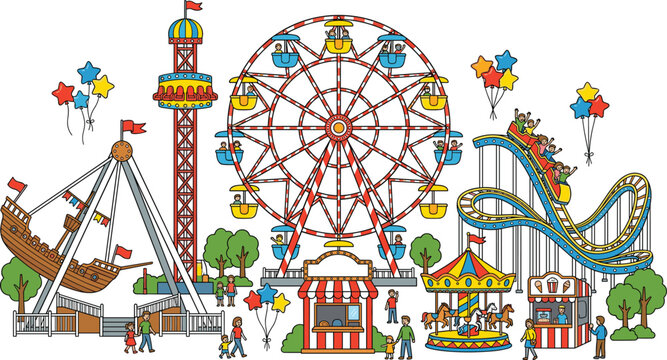 Amusement park carnival line vector illustration featuring ferris wheel roller coaster pirate ship drop tower carousel ticket booths balloons and family visitors