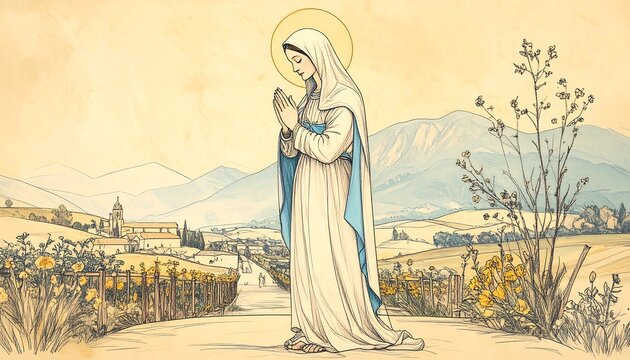 Virgin Mary in a pastoral landscape