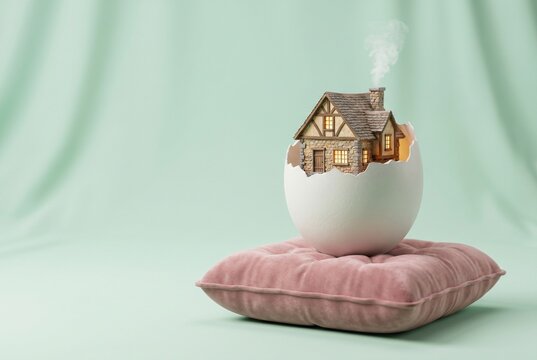 Surreal creative property concept of a miniature stone house hatching from a cracked white eggshell on a velvet pillow. New home and real estate investment metaphor