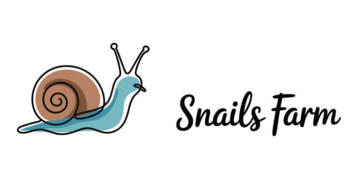 Snail farm logo, cartoon snail, blue and brown vector icon, farm animal symbol