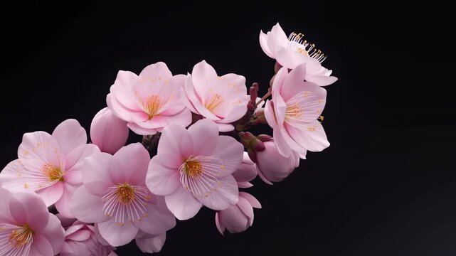 Time lapse of delicate pink cherry blossom flowers blooming and opening on branch against black background
