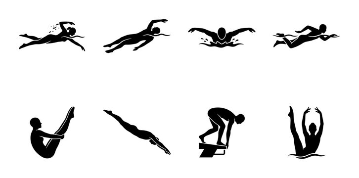 Swimming and Diving Silhouettes: 8 Vector Icons for Aquatic Sports, Competition, and Fitness