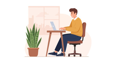 Fototapeta premium Man working on laptop at home office desk with plant and city view
