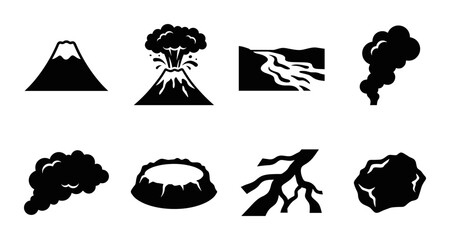 Obraz premium Volcano Icons Set: Eruption, Lava Flow, Smoke Plumes, Crater, Lightning, Rock - Geological Event Symbols