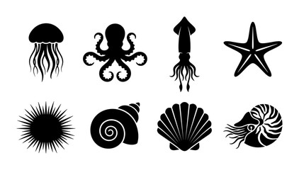 Ocean Life Icons Set: Nautical Marine Creatures, Seashells, and Starfish Vector Graphics for Underwater Themes © pixostudio