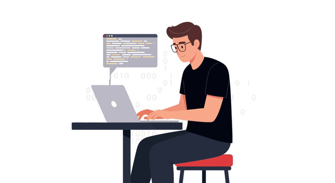 Programmer Working on Laptop with Code on Screen, Binary Code Background