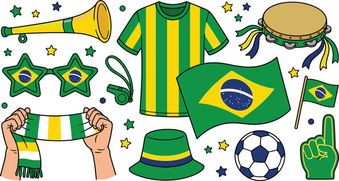 Brazil soccer fan attribute line vector set featuring national flag striped jersey football horn tambourine star glasses whistle bucket hat scarf and foam finger