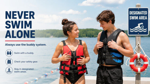 Two young adults on a dock wearing life jackets by a lake near a designated swim area sign and lifebuoy, smiling and adjusting their safety vests