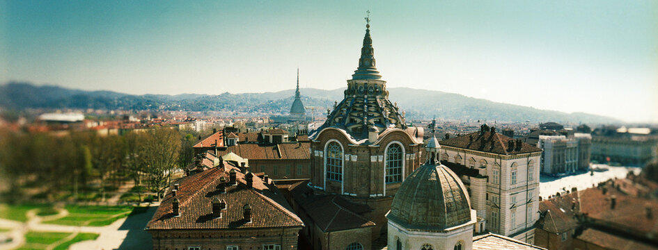 Panoramic rooftops and skyline of Turin, Italy, featuring the distinctive dome of the Chapel of the Holy Shroud, Northern Italy, Europe