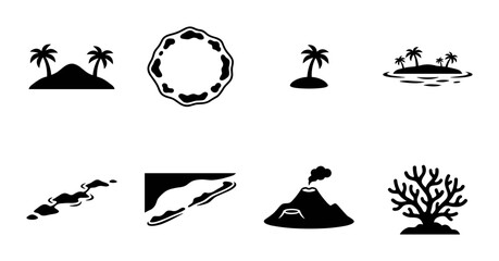 Tropical Island Icons, Volcano, Coral Reef & Palm Trees Vector Set: Island Life, Nature & Travel Graphics © pixostudio