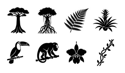 Tropical Jungle Icons: Exotic Trees, Toucan, Monkey, Orchid, Fern, Vine, Bromeliad Vector Set © pixostudio