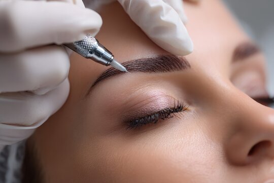 Close-up of cosmetic eyebrow tattooing performed by a beauty professional