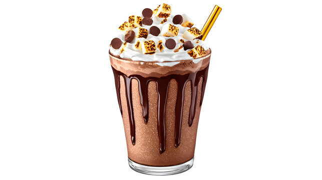 Decadent chocolate milkshake topped with whipped cream toasted marshmallows chocolate chunks and a gold metallic straw, isolated on white background