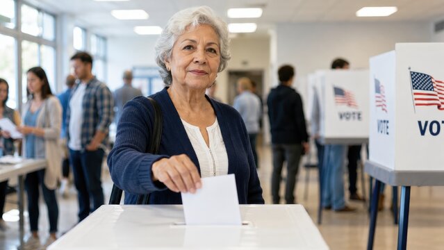 Senior woman casting a ballot at a US polling station on Election Day, with voting booths, American flags and other voters queued in the background