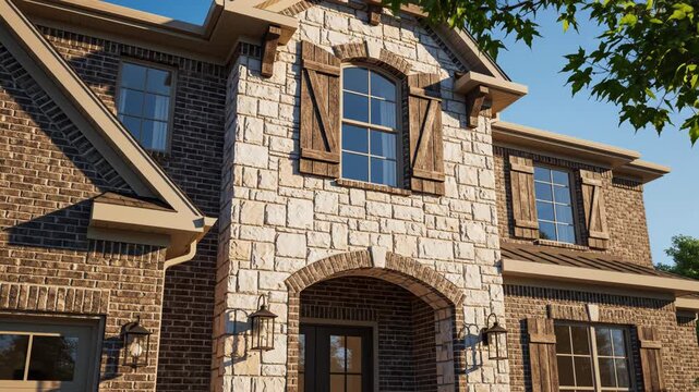 Modern luxury residential home exterior with stone and brick facade and wooden shutters