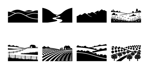 Rural Landscapes Collection: Rolling Hills, River Valley, Mountains, Farmland, Orchard Scenes © pixostudio