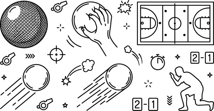 Dodgeball and Team Sports Line Icon Set with Court Player Hand Grip Throwing Whistle and Scoreboard Symbols for Game Tournament Graphic Designs