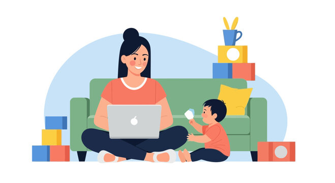 Mother working on laptop with child playing nearby, illustration of remote work and family balance