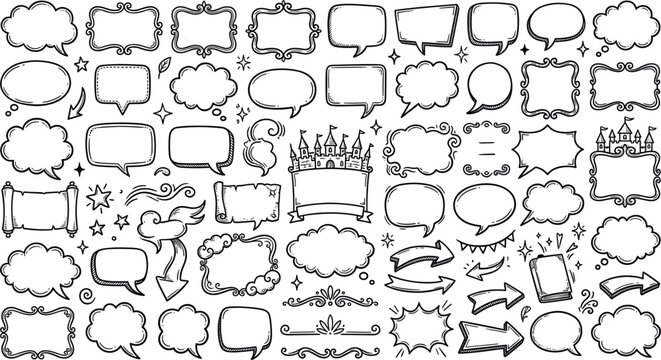 Hand drawn comic speech bubbles vintage frames castle banners star arrow dividers chat text box doodle vector set
