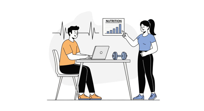 Nutritionist consulting client on healthy lifestyle, fitness, and diet with charts and data analysis.