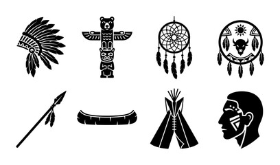 Native American Icons Set: Totem Pole, Headdress, Teepee, Dreamcatcher, Spear, Canoe, Profile, Sun Symbol Vector Graphics © pixostudio