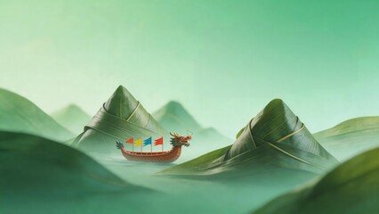 Obraz premium `Dragon Boat Festival Business Growth Concept in Surreal Zongzi Mountain Landscape with Traditional Boat`