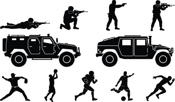 Military vehicle and sports silhouette collection featuring soldiers athletes and tactical transport vector set