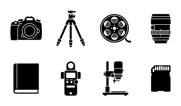 Photography Equipment Icons Set: Camera, Tripod, Film Reel, Lens, Notebook, Light Meter, Microscope, SD Card