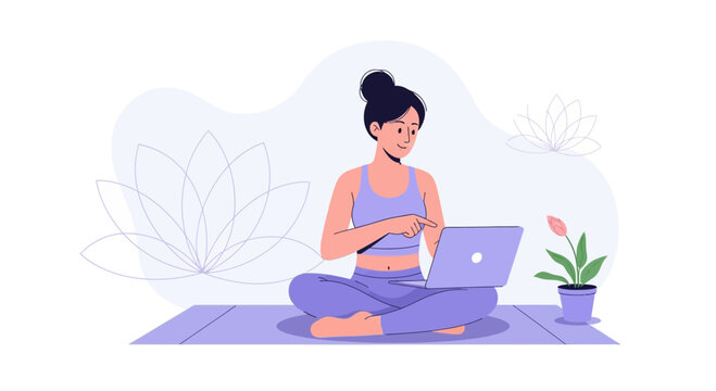 Woman practicing yoga online with laptop, surrounded by lotus flowers, conveying wellness and digital learning