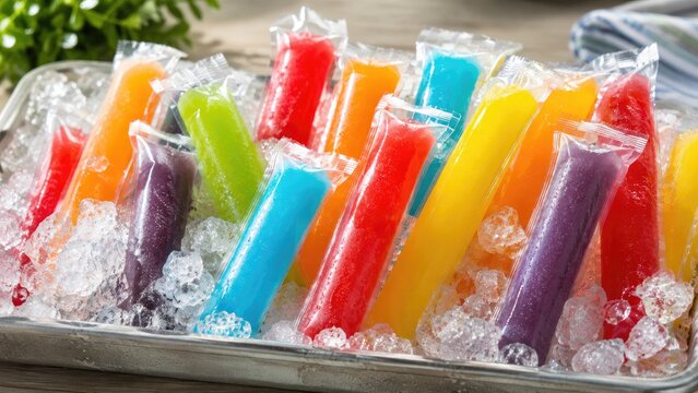 Colorful freeze pops in plastic sleeves chilled on crushed ice in a metal tray