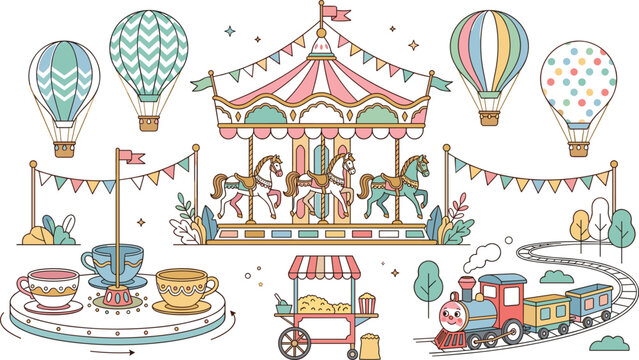 Amusement park amusement ride line vector set featuring vintage carousel horse ride hot air balloons spinning teacups popcorn cart and kids train track