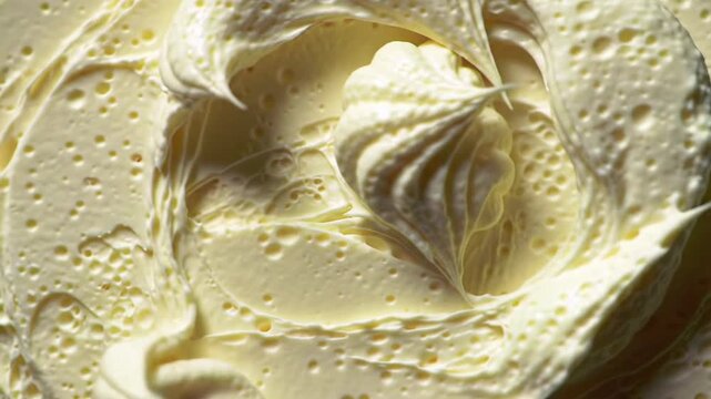 Captivating top-down ecu macro video of creamy white vanilla frosting, intricate swirls & soft peaks illuminated by warm studio light. Luxurious dessert texture background