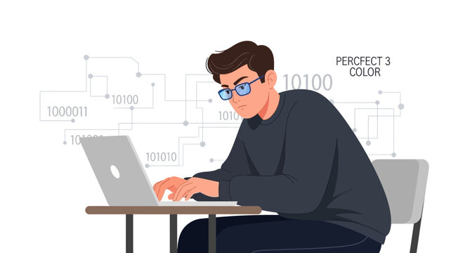 Young Male Coder Working on Laptop with Binary Code and Network Connections in Background