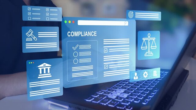 Digital compliance documents on laptop. Legal regulation, corporate governance, audit, risk management, and data protection concept.