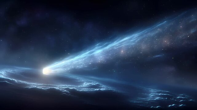 Space universe exploration, fantasy, mysterious. A vivid digital artwork depicts a celestial scene. A bright, radiant light source, resembling a comet or meteor, is the main subject.